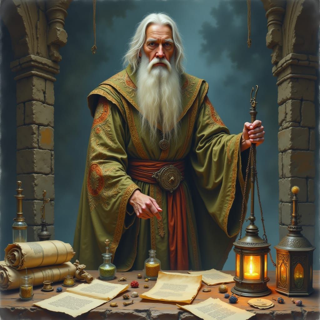Wizard at Alchemy Table in Fantasy Art Style