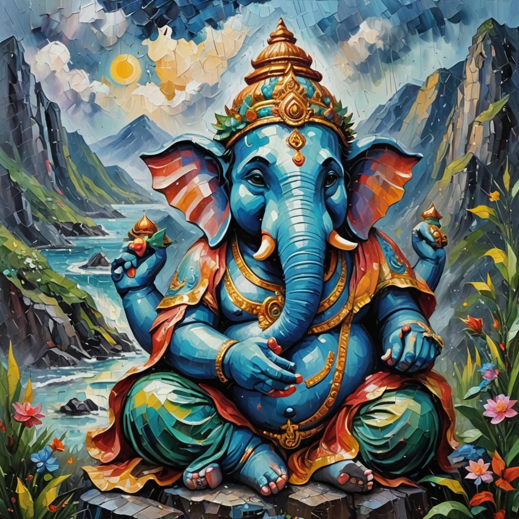 Ganesha in Rainfall: Neo-Impressionist Oil Painting