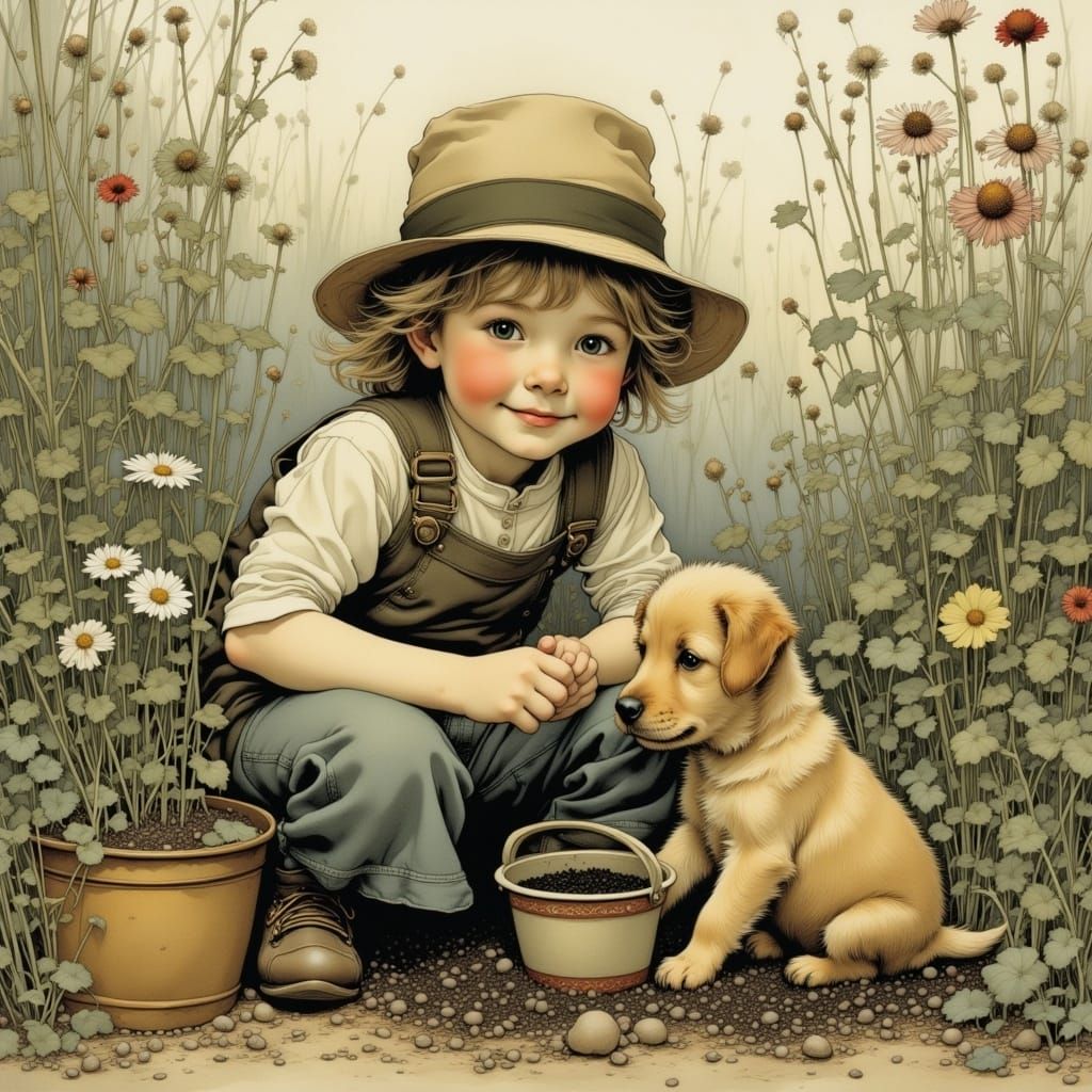 Girl and Puppy Tend Garden, Watercolor Style