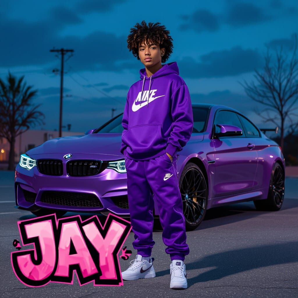 Teen in Purple Tech with Graffiti Art