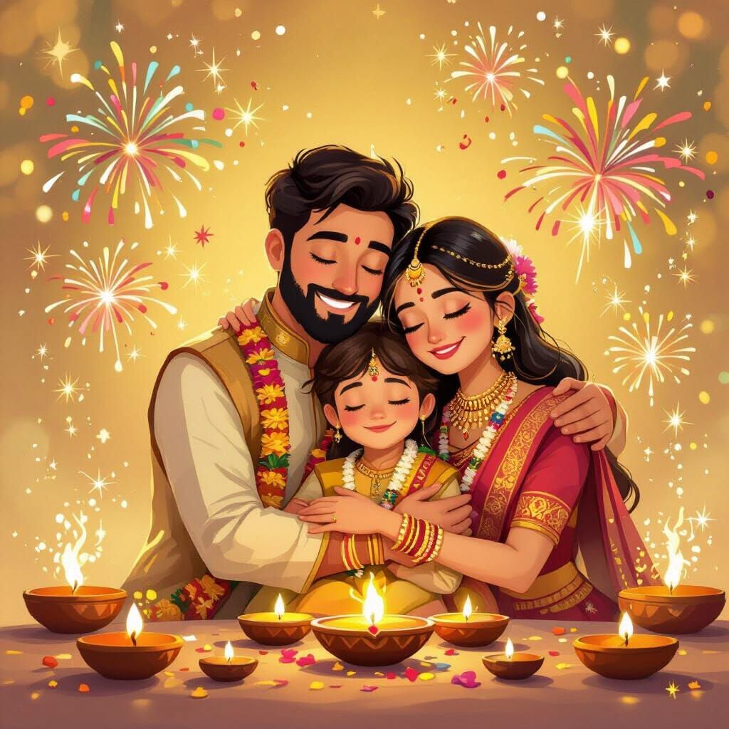 Family Celebrates Deepavali with Fireworks and Diyas