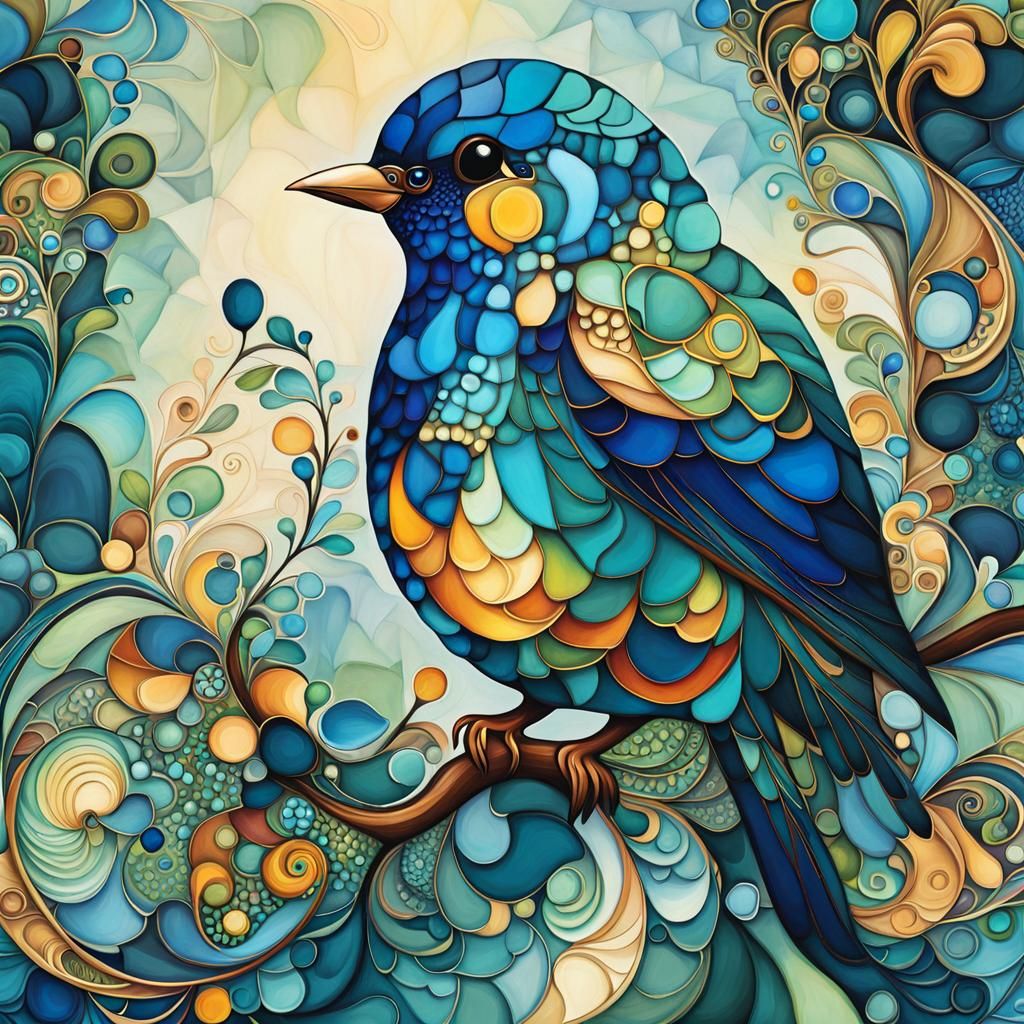 Whimsical Blue Bird in Abstract Cubist Style