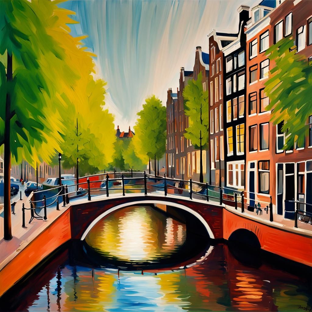 Amsterdam Canal Bridge in Hockney Style