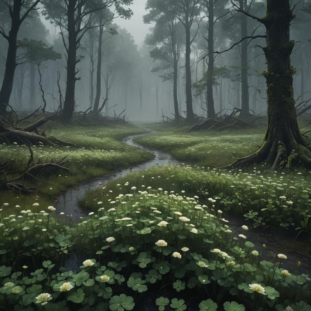 Rainy Clover Field Leading to Dark Forest