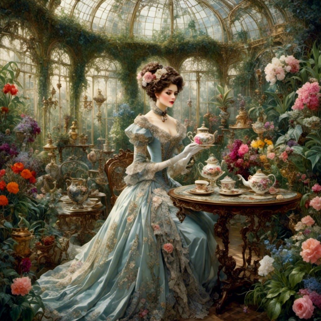 Elegant Lady's Victorian Tea Time: Domergue-Style Portrait