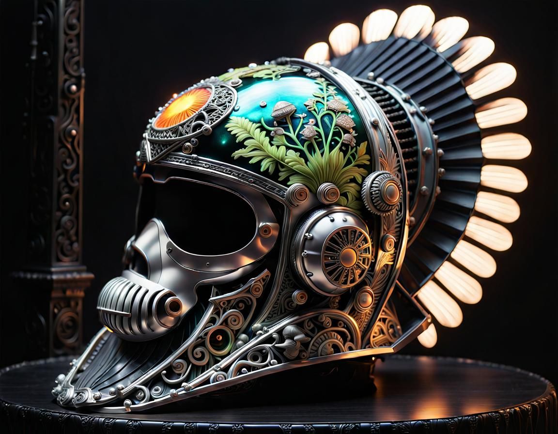 Botanical Filigree Helmet in Dystopian Cityscape