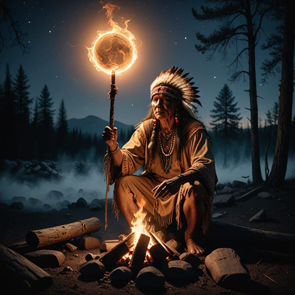 Native American Shaman Conjuring Spirits by Campfire