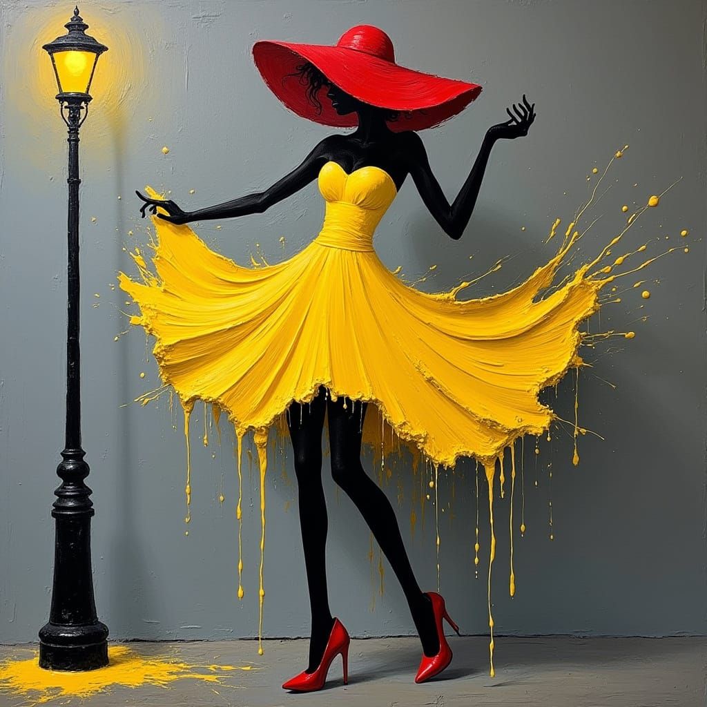 Abstract Impasto Painting of Woman in Red Hat and Yellow Dre...