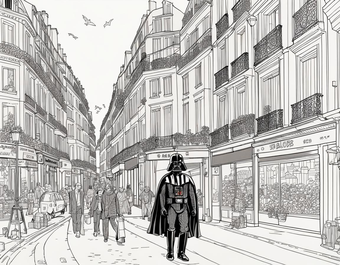 Darth Vader Walks in Paris Coloring Book Style