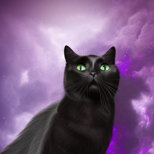 Beautiful black cat with vibrant purple background that shimmers