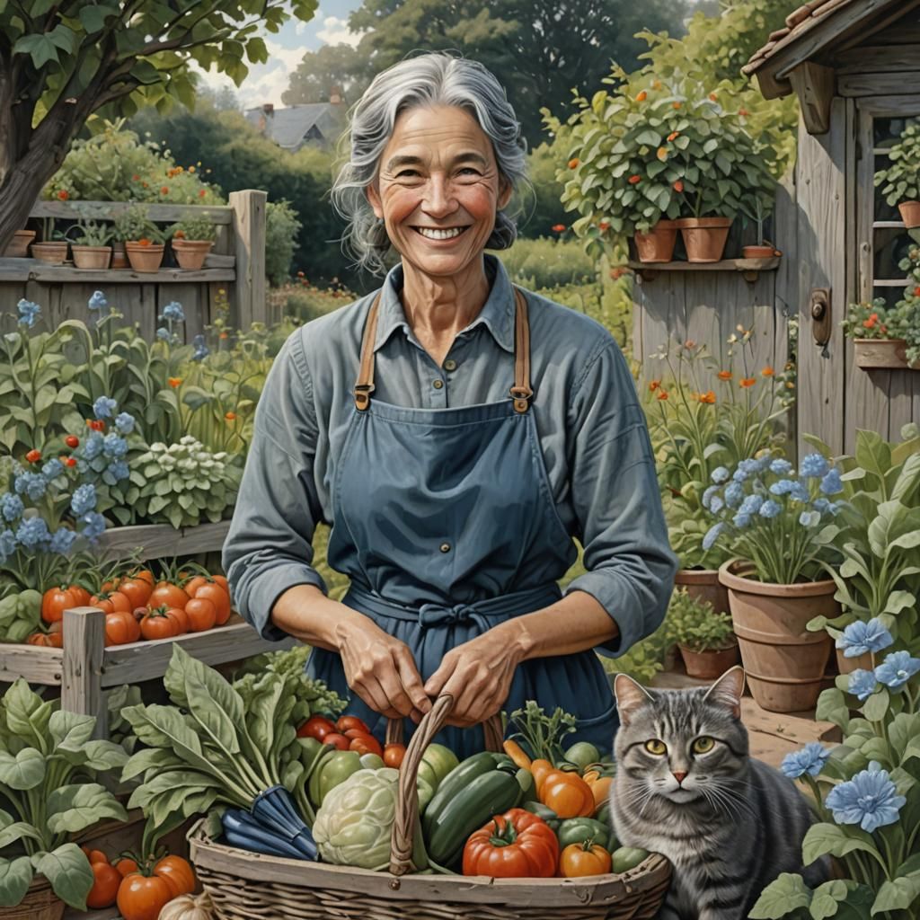 Woman Gardening with Cat and Harvested Vegetables
