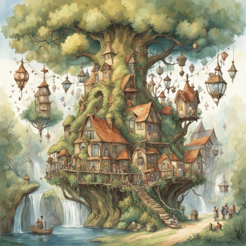 Enchanted Elven Village in Watercolor Style
