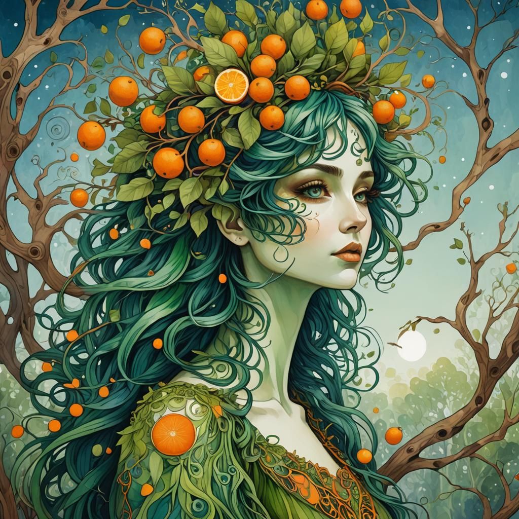 Green-Haired Dryad with Orange Fruit, Ink Sketch