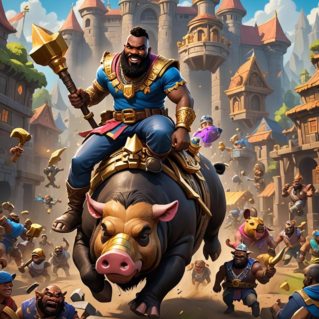cartoon art, black man with mr. T haircut and clothes riding a giant pig holding a golden hammer like clash royale.
