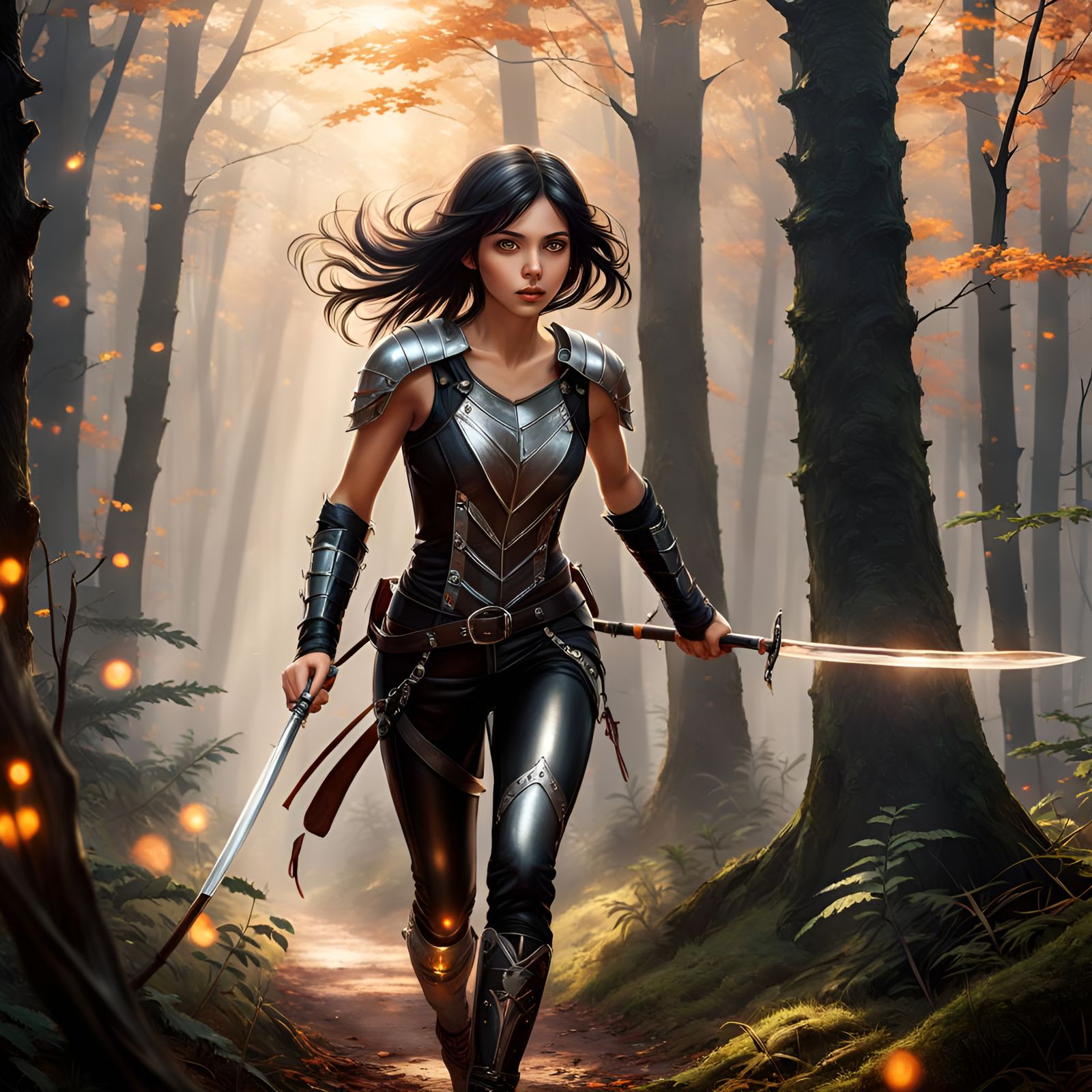 Teenage Girl Runs Through Misty Forest with Swords