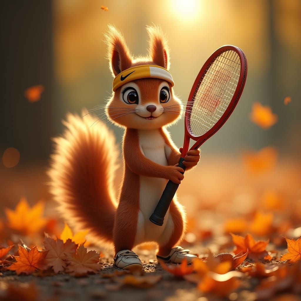 Confused Squirrel in Nike Gear with Tennis Racket