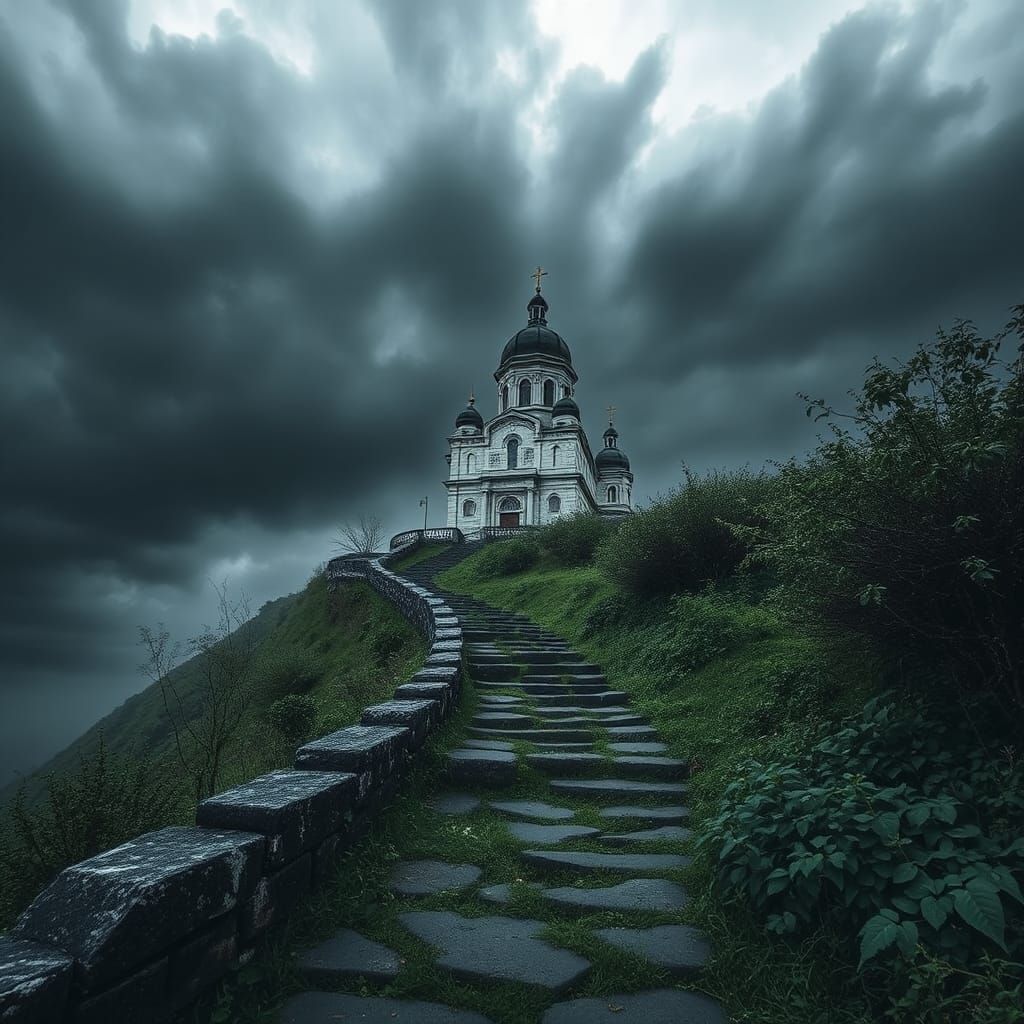 Pantocrator Church on Stone Path in Dark Fantasy Style