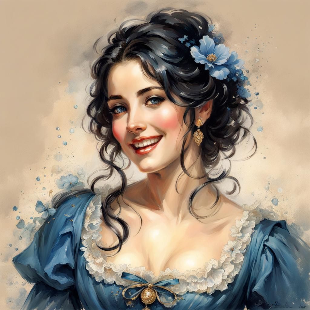 Happy French Woman in 19th Century Splash Art