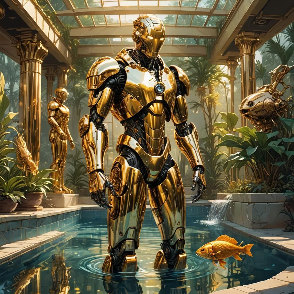 Golden Cyborg and Robotic Statue in Pool: Comic Book Art