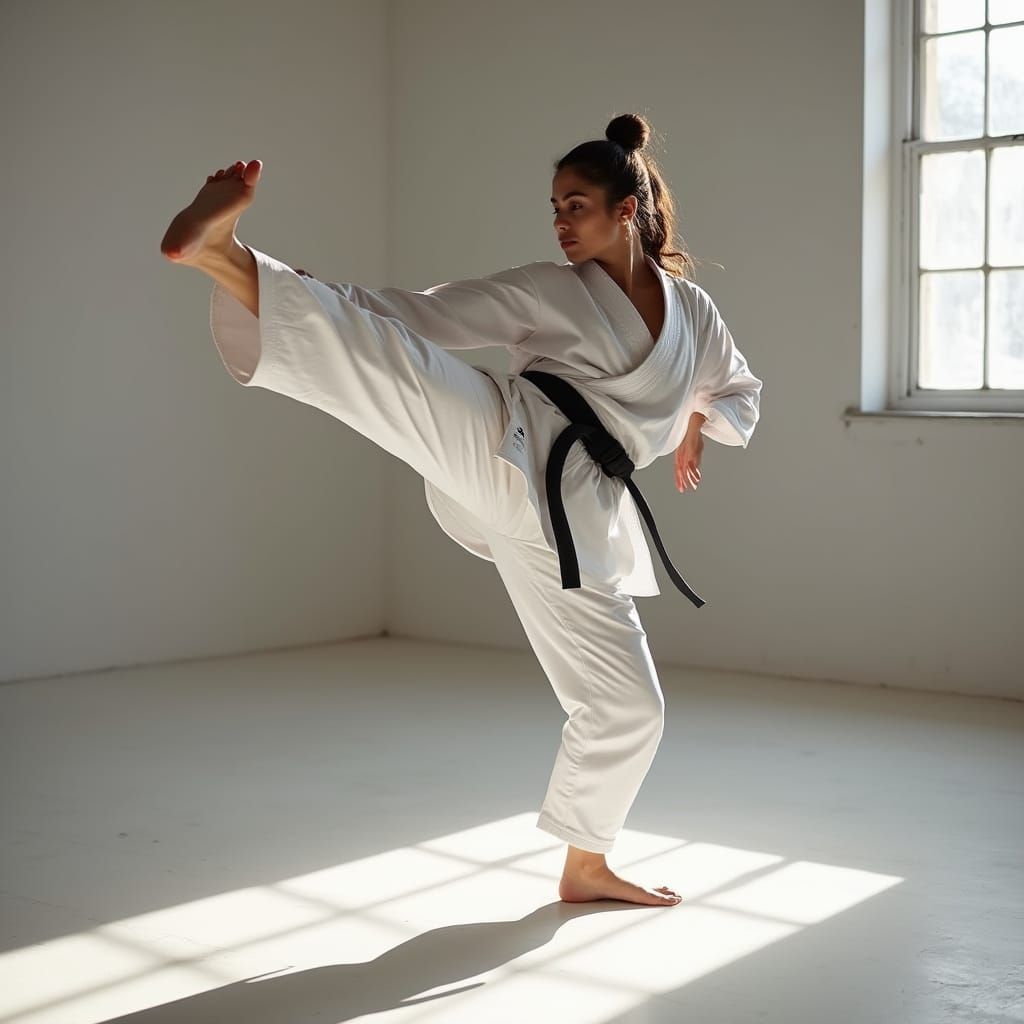 Woman Practicing Karate in Minimalist Dojo: Monochrome Photo...