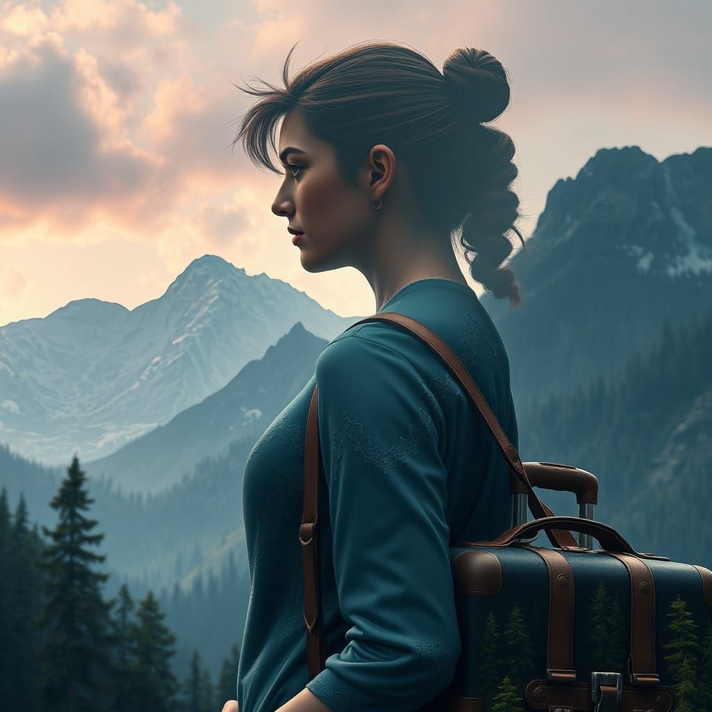 Make a woman profile. Suitcase in hand. Her profile is full of forest, mountain.