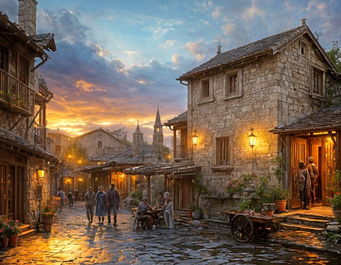 Whimsical Sunset Scene with Coffee on Rustic Wall