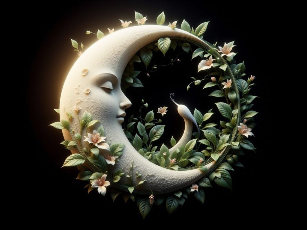 Fantasy Crescent Moon Entwined with Lush Ivy
