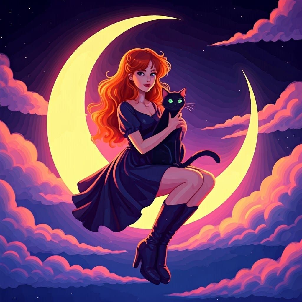 Ginger Witch with Black Cat in 80s Anime Style
