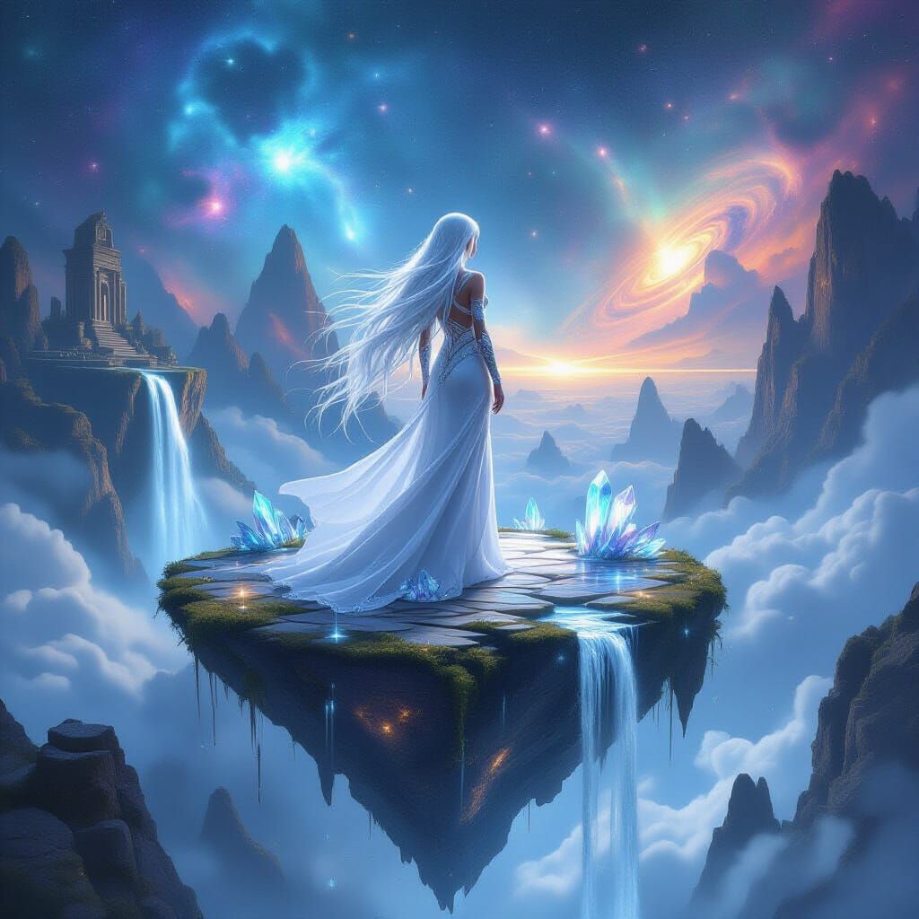 Ethereal Elf on Floating Island in Cosmic Art Style