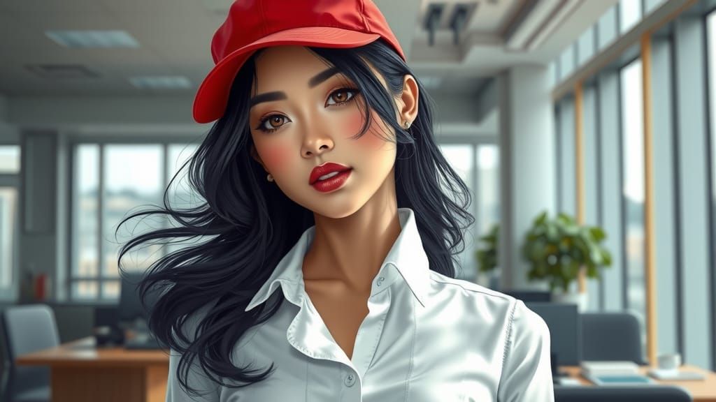 Hyperrealistic Asian Woman in Office Setting