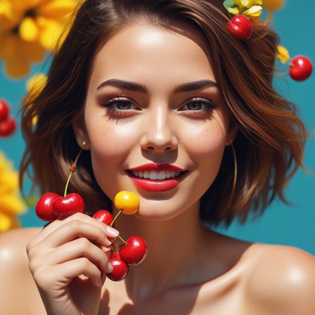Vibrant Pop Art Woman Holding Cherries