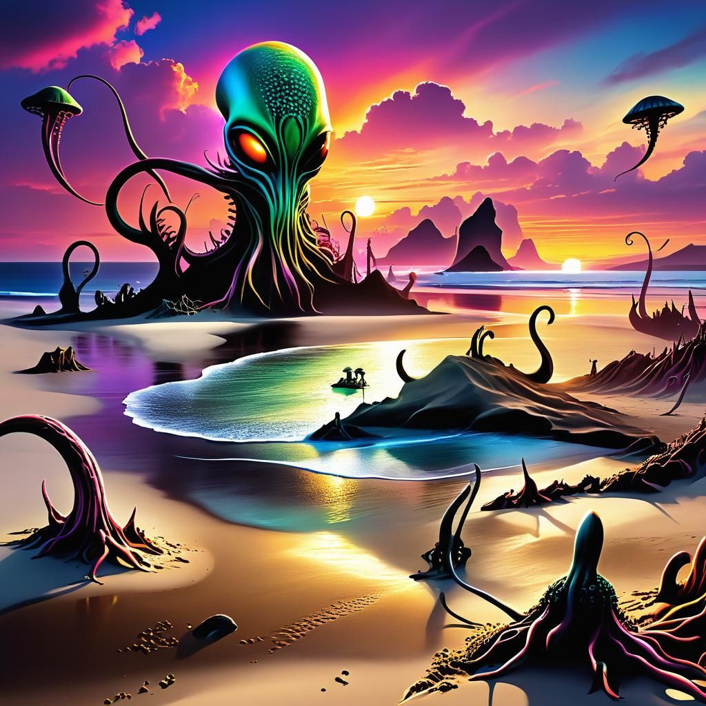 Alien Beach Sunset in Surreal Fantasy Style