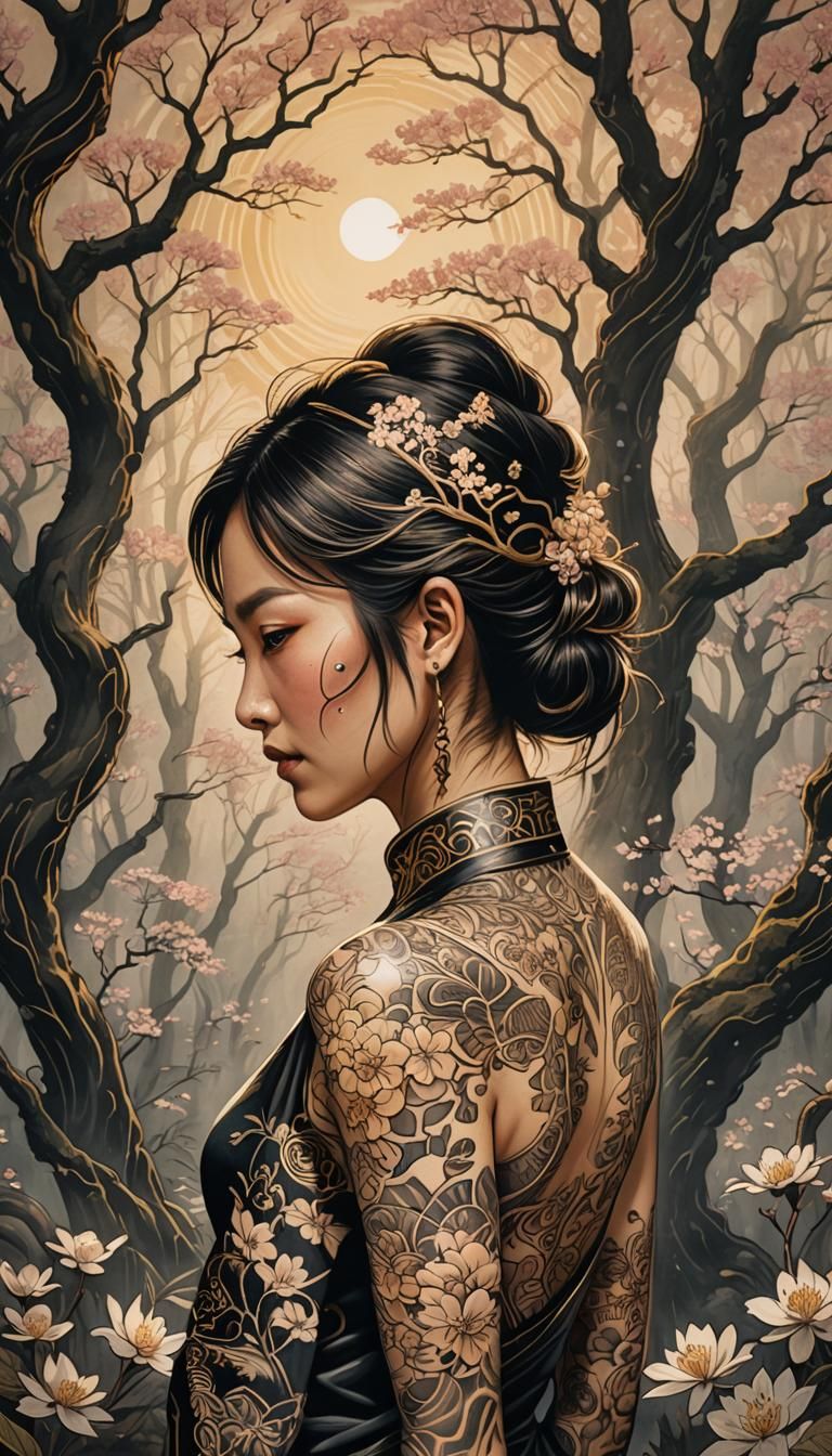 Asian Tattoo Art in Woodcut Style
