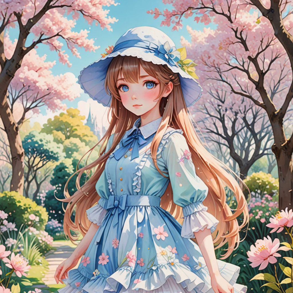 Kawaii Anime Girl in Whimsical Watercolor Garden