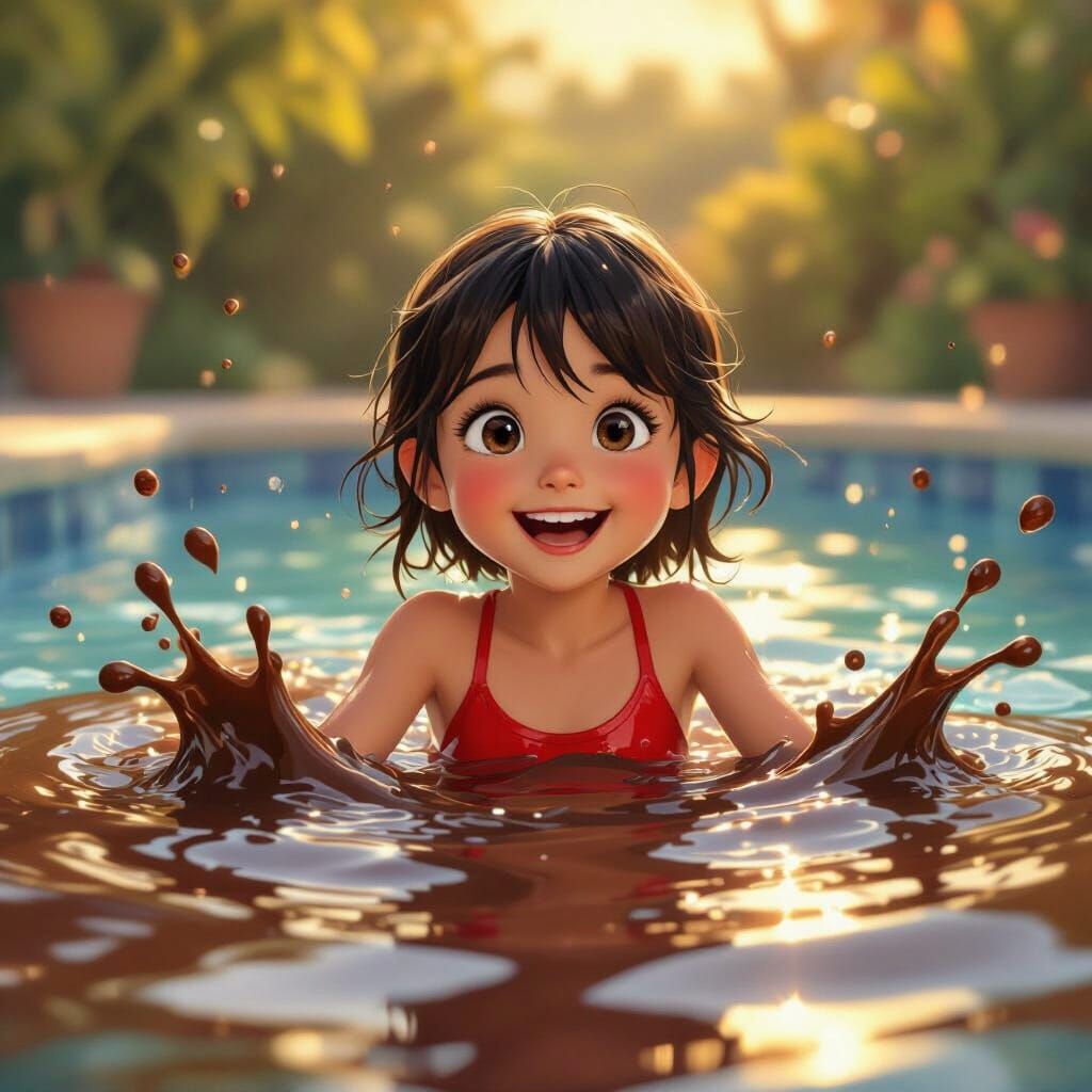 Girl Splashes in Chocolate Pool, Digital Art Style
