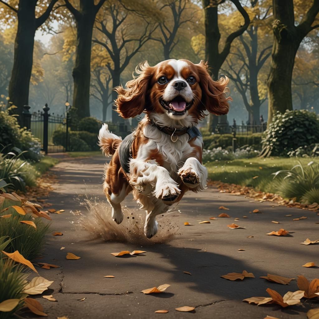 Blenheim Spaniel Runs in Park: Detailed Matte Painting