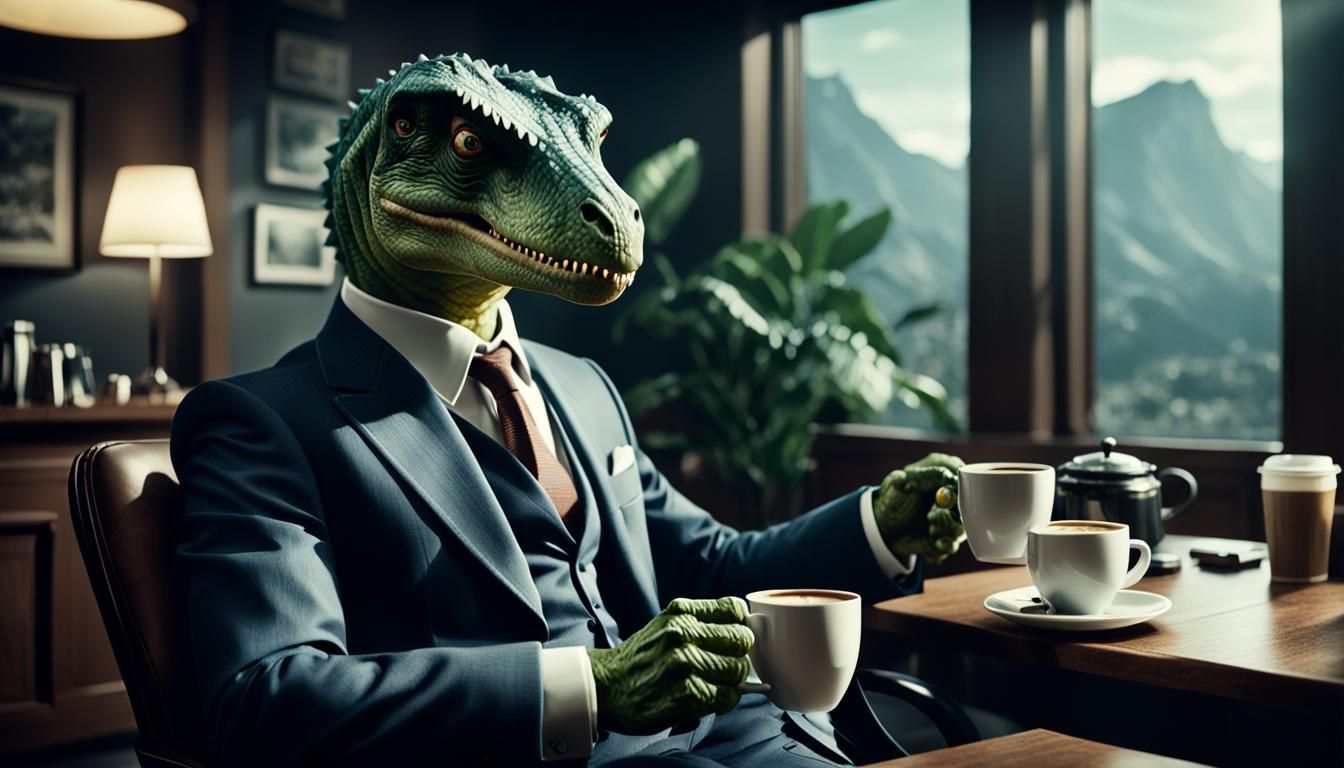 Dinosaur in Suit Drinks Coffee: Cinematic Still