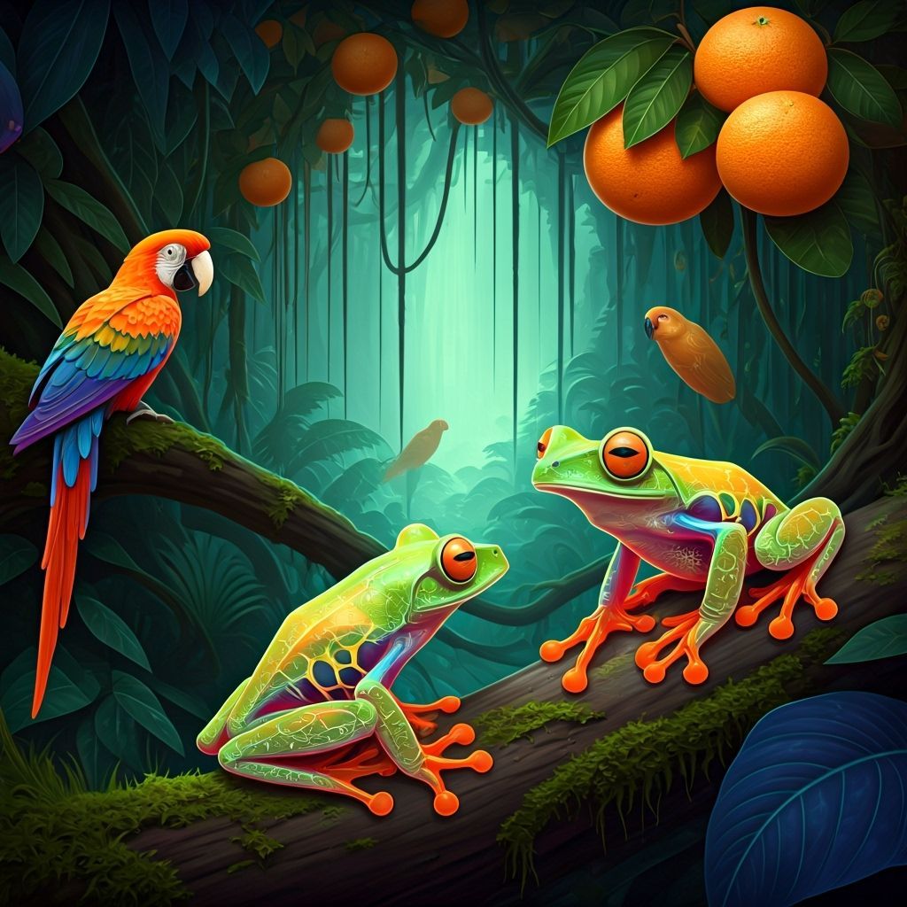 Bioluminescent Citrus Jungle with Hologram Parrots