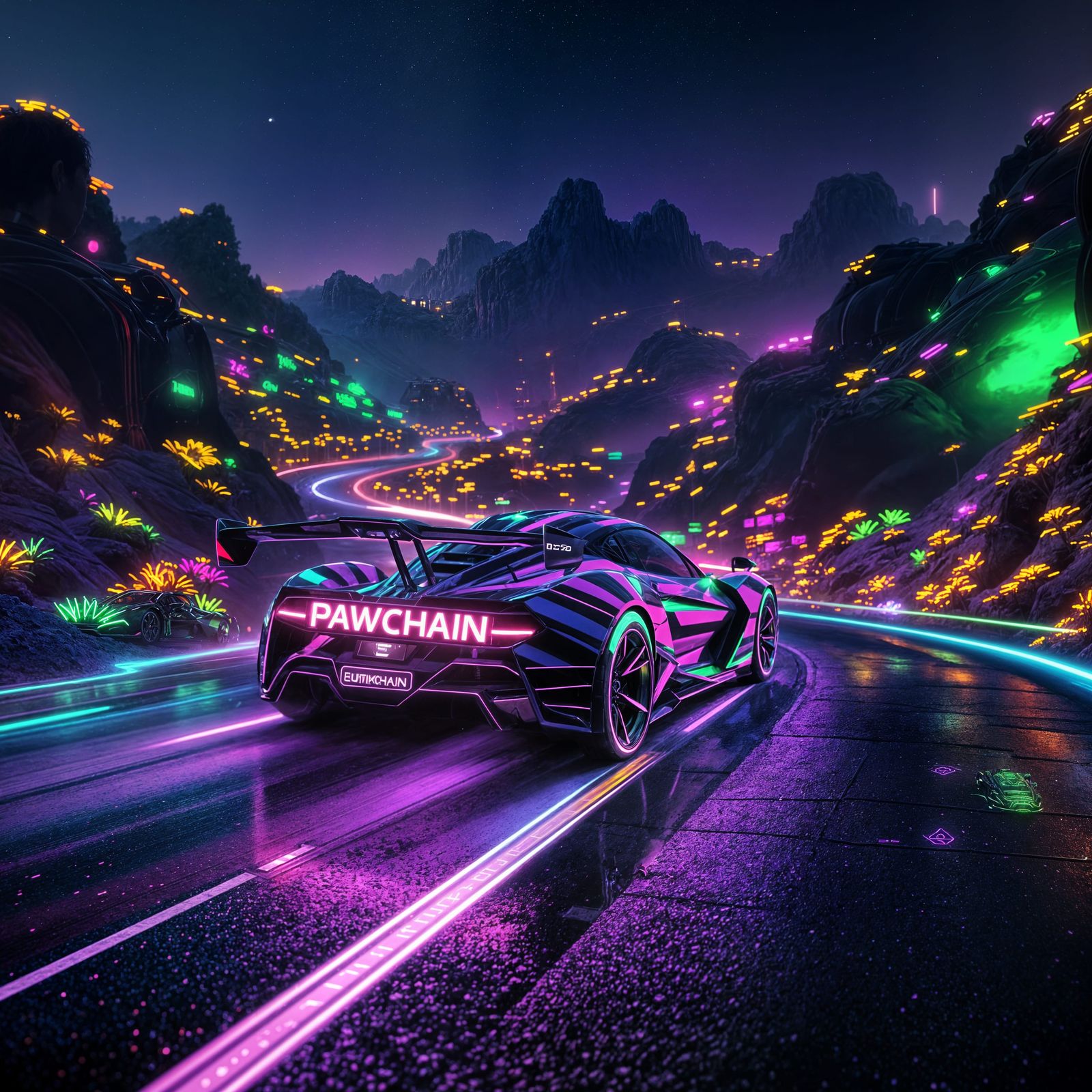 Neon Supercar Driving Through Blockchain World