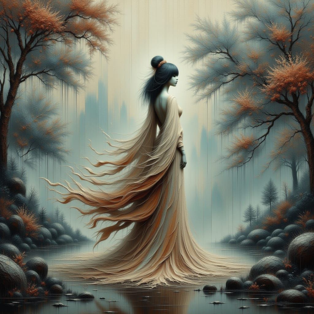 Ethereal Woman by Misty Lake, Mystical Oil Painting