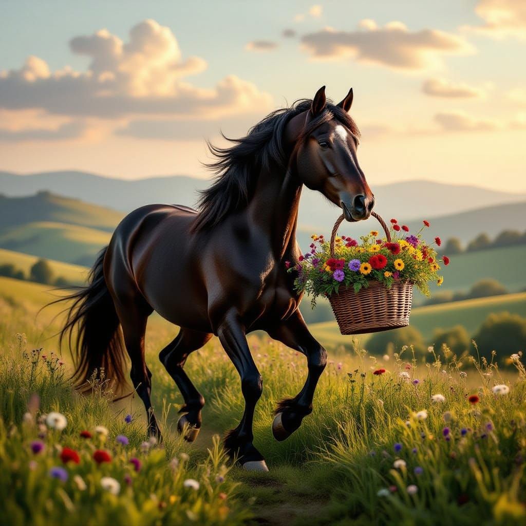 Majestic Black Friesian Horse with Flowers in Mouth