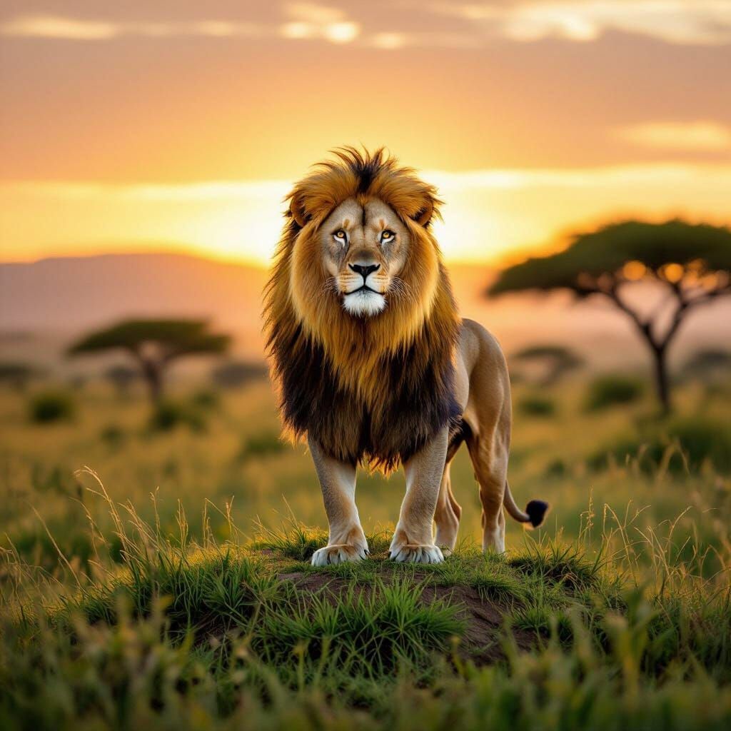 Lion Overlooking African Savanna at Sunset