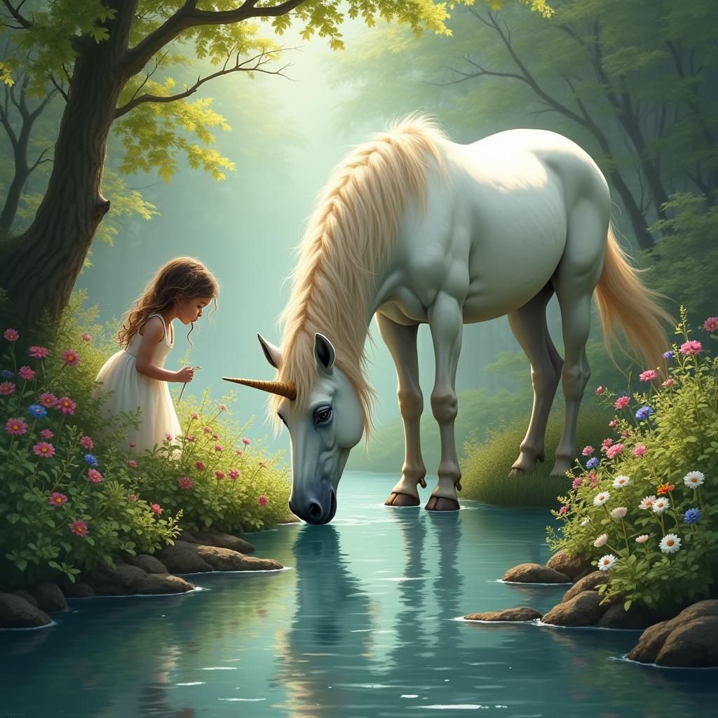 Enchanted Unicorn by Forest Stream