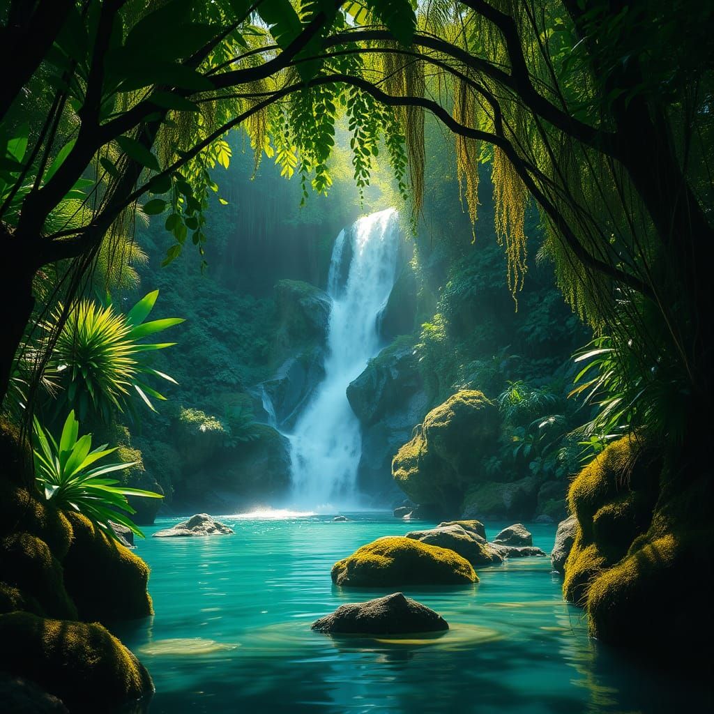 Lush Tropical Waterfall in Emerald Forest