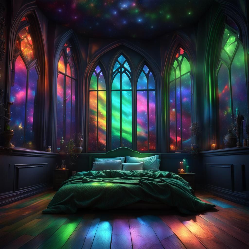 Fantasy Medieval Room with Neon Aurora: Digital Art
