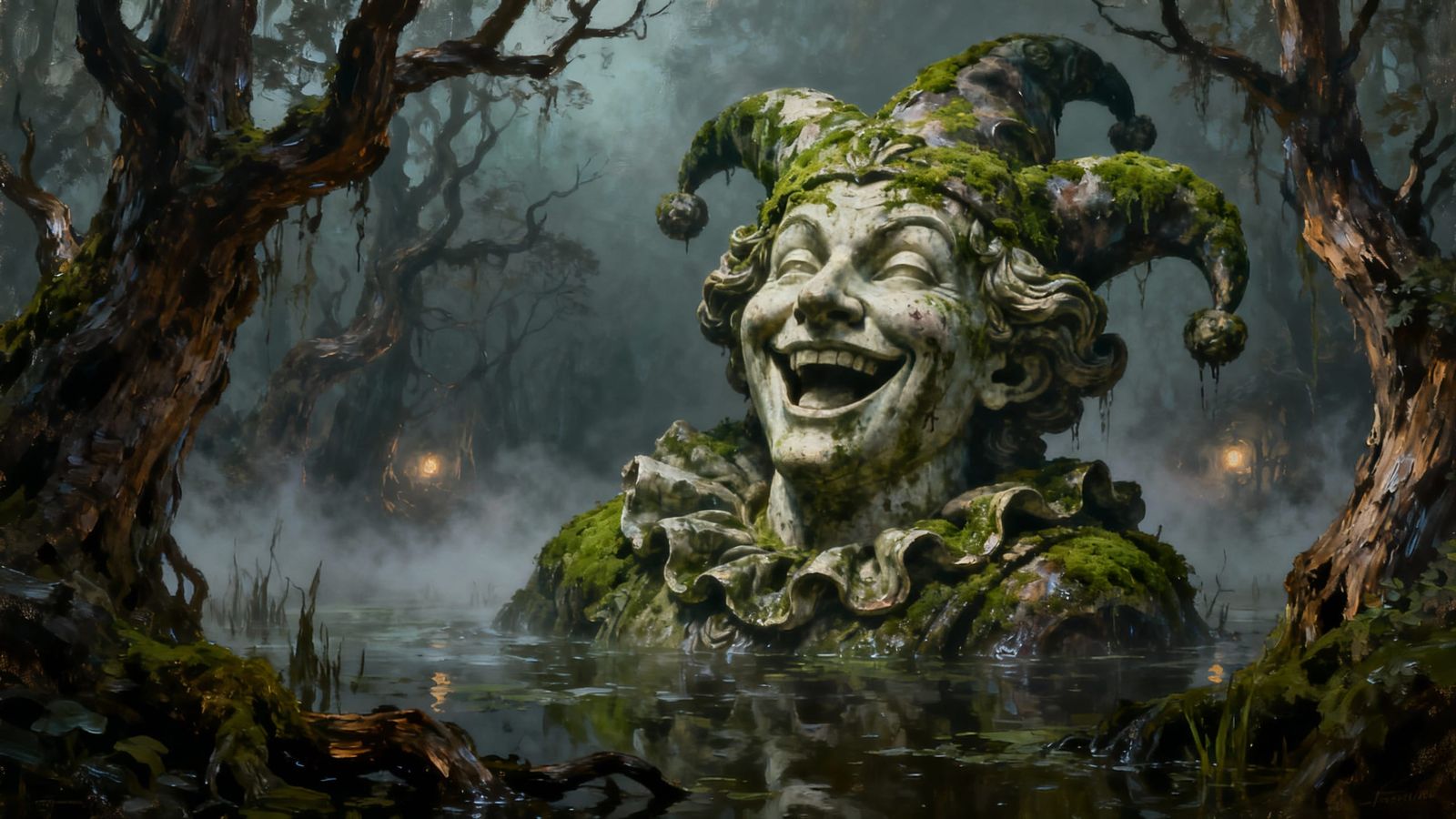 Baroque Jester Sculpture in Foggy Swamp Oil Painting