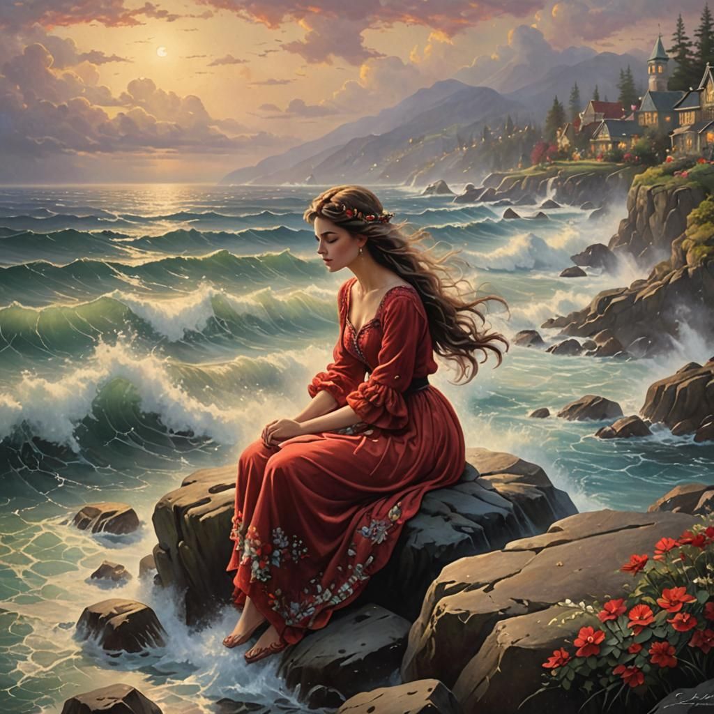 Ethereal Girl on Stormy Shore, Hyperdetailed Fantasy
