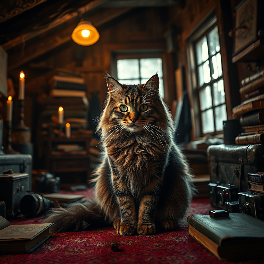 Majestic Cat in Candlelit Attic, Cinematic Photography