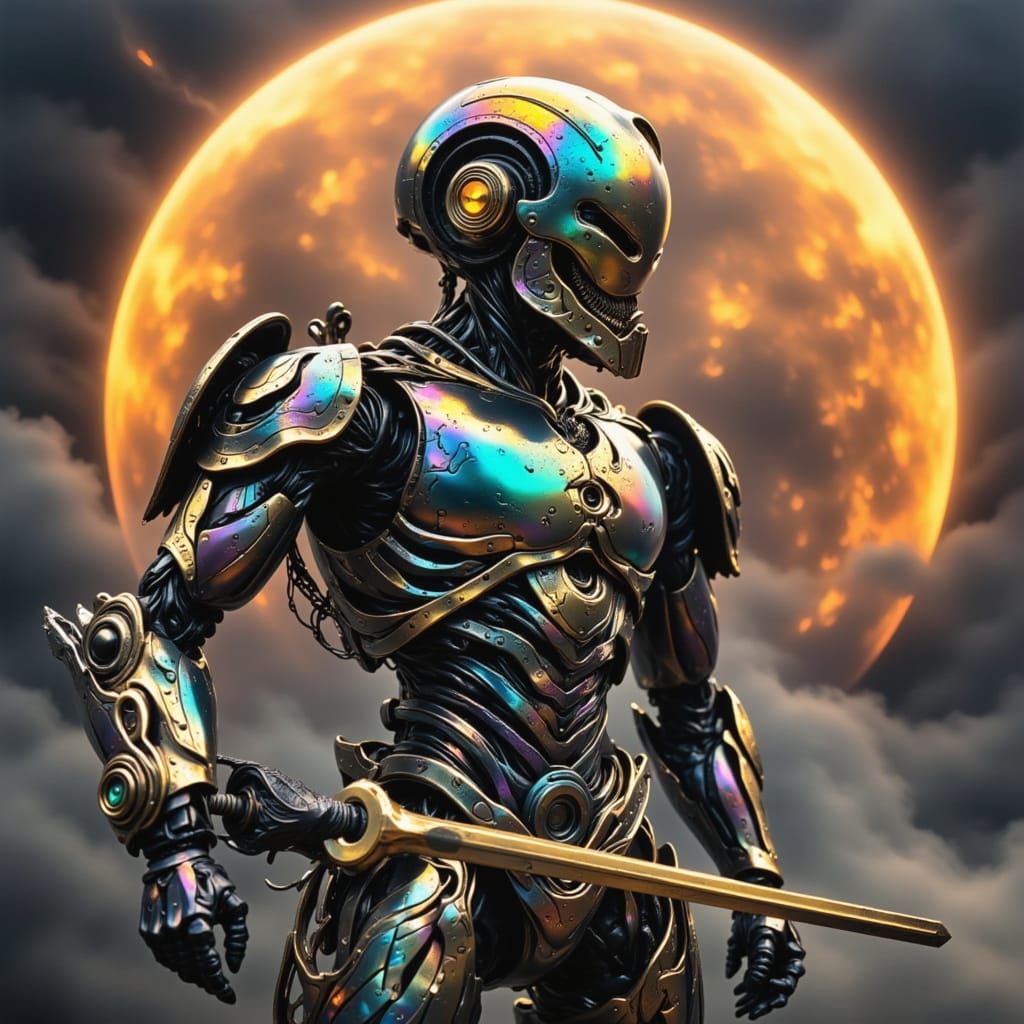 Cybernetic Warrior in an Orange Planet Ringed System