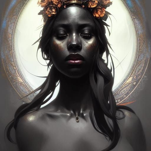 Black Bird Goddess Portrait in Art Nouveau Style